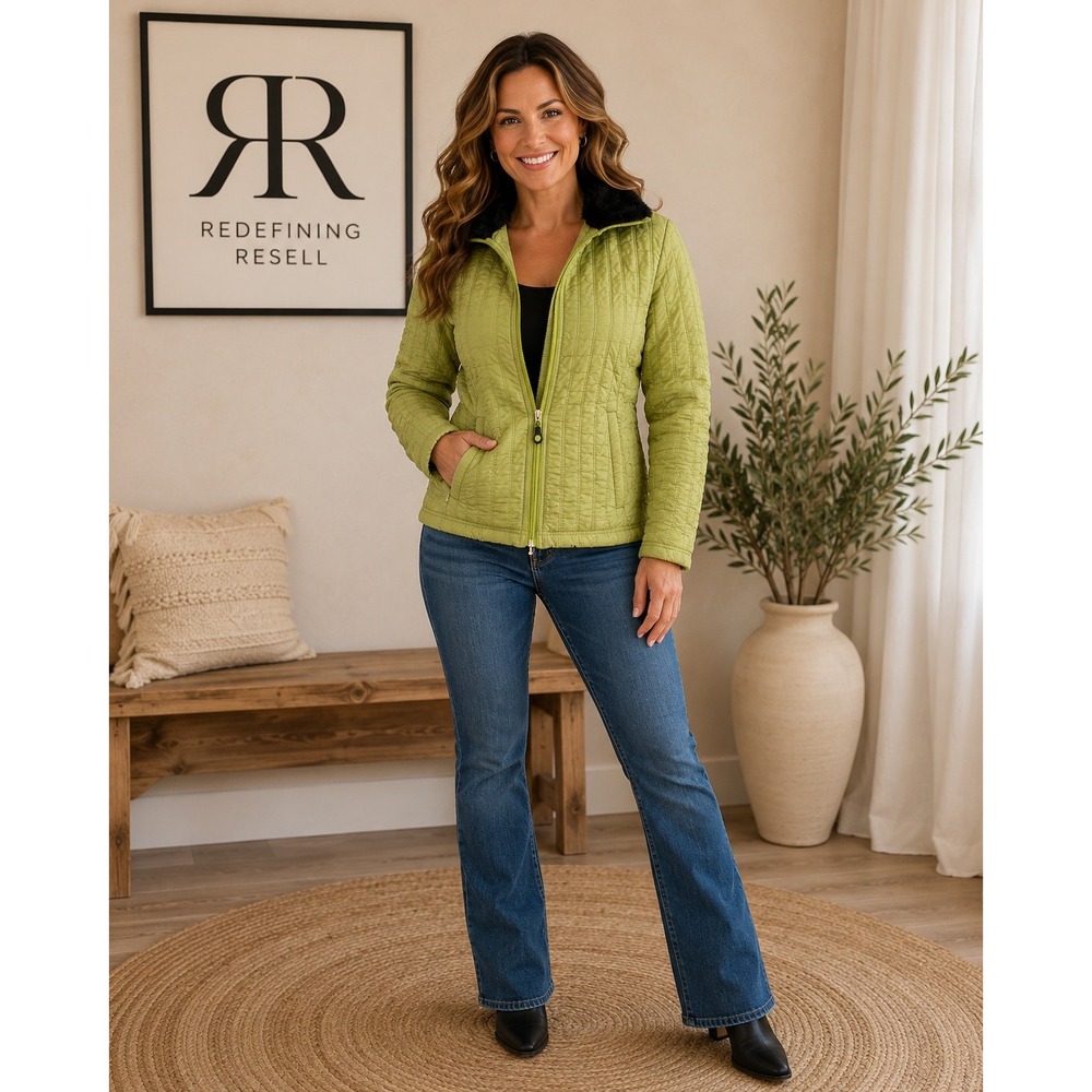 Dakini Womens Quilted Full Zip Jacket Chartreuse Green Faux Fur Collar Small